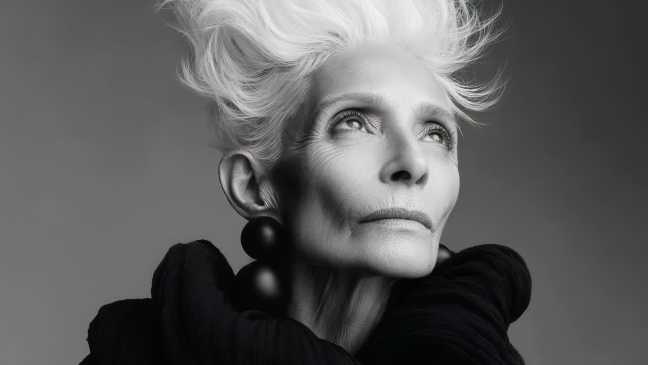 A Timeless Portrait Celebrating Beauty and Grace: An Elegant Senior Woman with Silver Hair and Dramatic Accessories in Black and White Captured in Frame of Life and Style