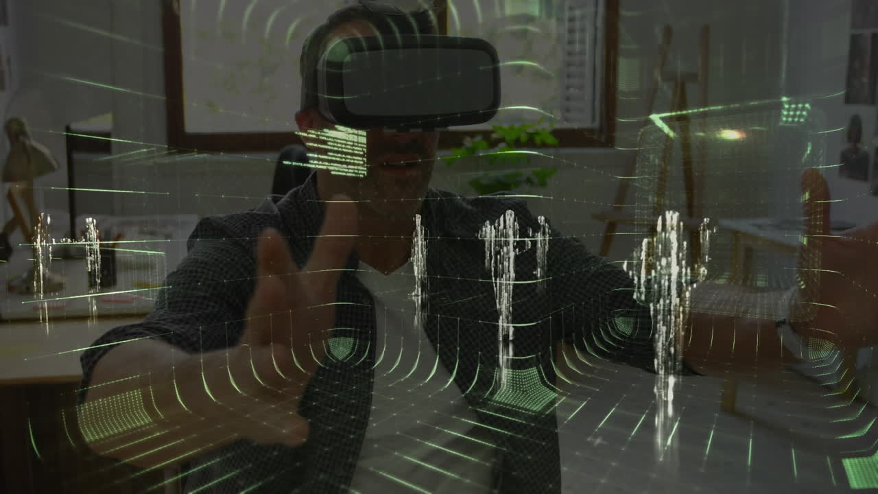 Animation of data processing over businessman wearing vr headset