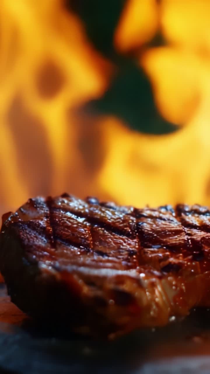 Sizzling Steak on a Grill Surrounded by Flames, Captured in a Dynamic and Mouth-Watering Scene of Culinary Excellence and Perfect Cooked Meat