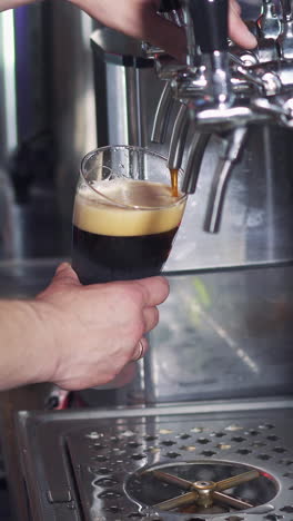 barman pours dark beer into a glass from the beer tap in the pub. bartender pouring perfect beer for client. vertical video.