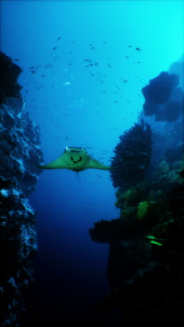 la raya manta nadando a través del arrecife de coral