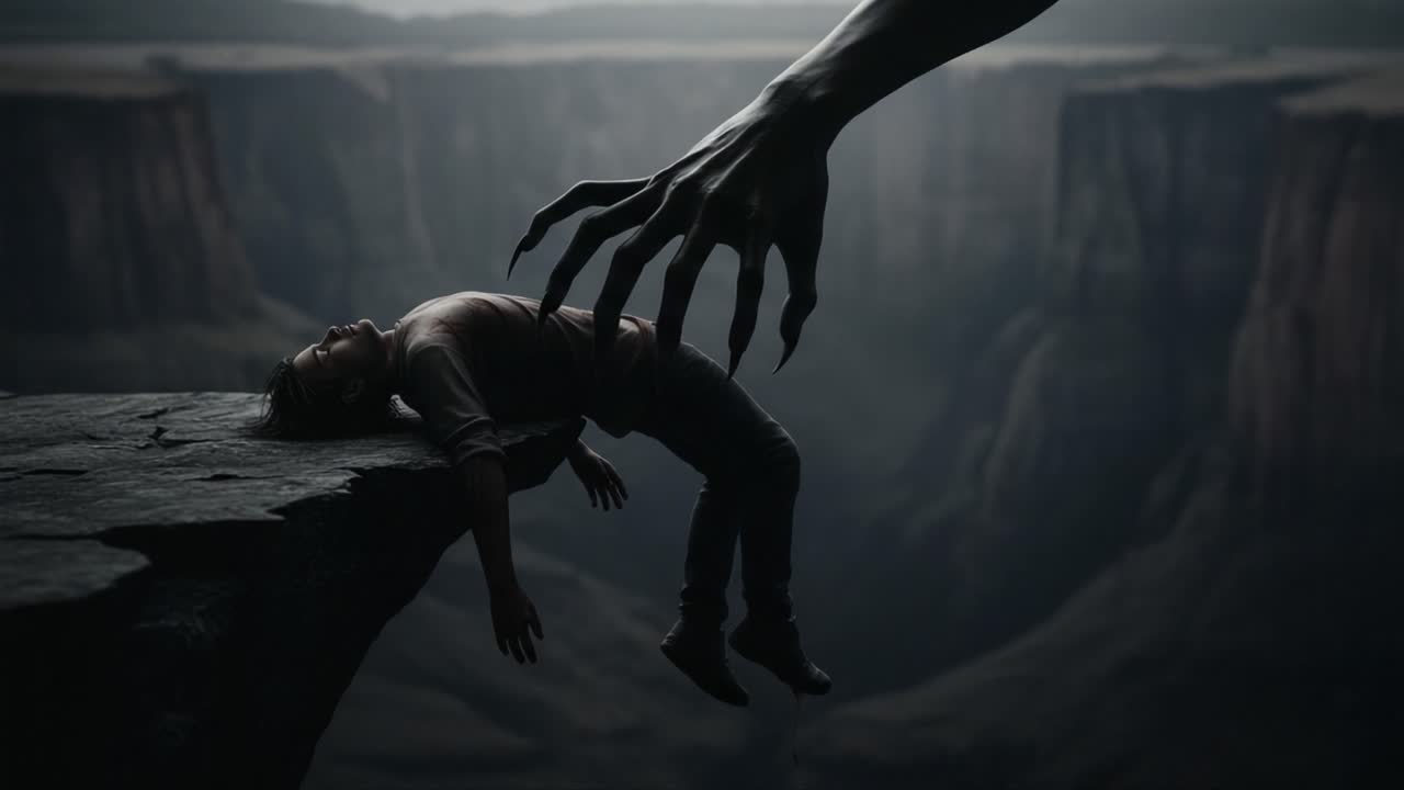 A surreal encounter where a mysterious, dark hand reaches toward a vulnerable figure, capturing the essence of tension and the struggle between fear and hope in an otherworldly landscape