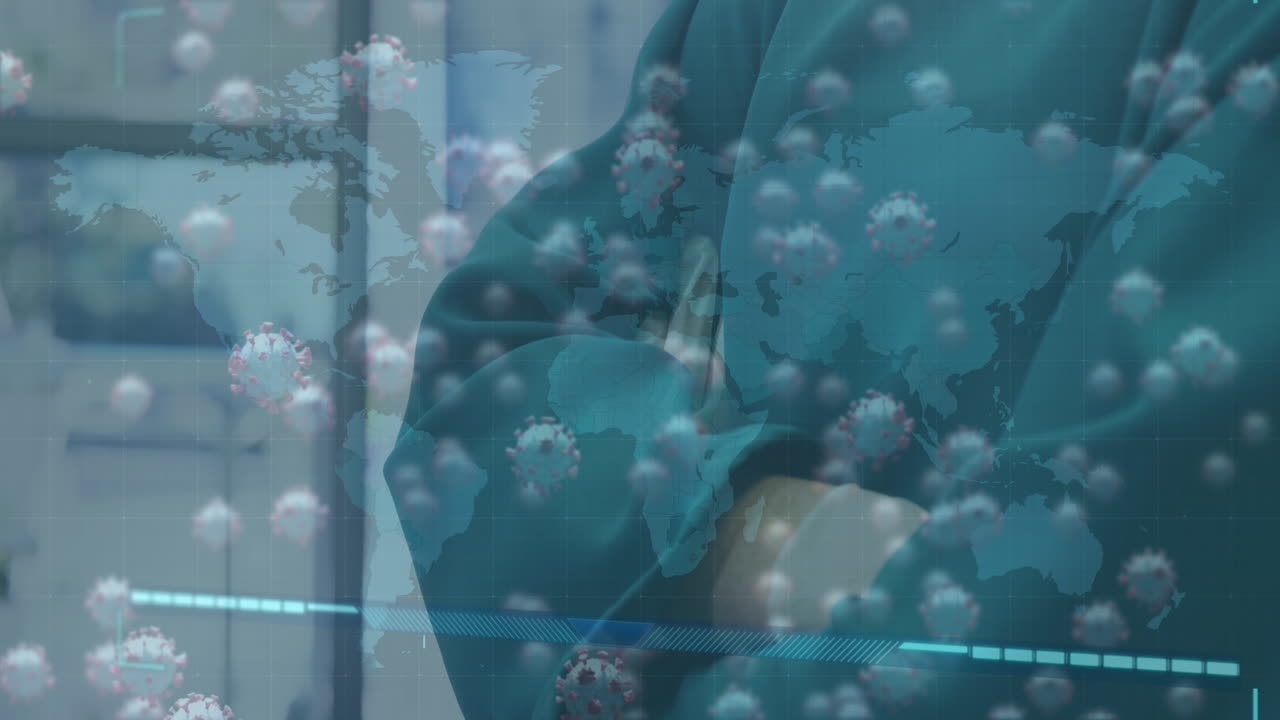 코로나19 세포의 애니메이션: 얼굴 마스크를 입은 백인 여성 외과 의사