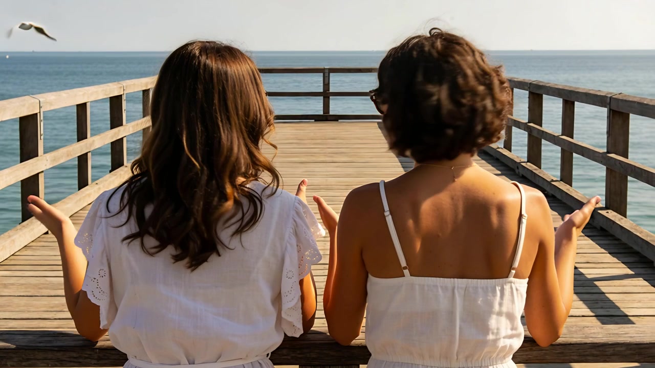 Dos mujeres sentadas frente al mar en un muelle, con gaviotas llegando y la mujer de la derecha girándose, llevando gafas de sol.