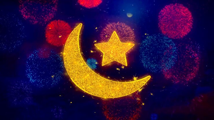 Simbolo Icona Islamica Eid su Particelle di Fuochi d'Artificio Colorati