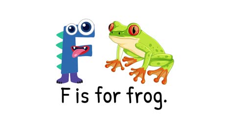 colorful animation of letter 'f' transforming into a frog with playful character design and educational theme