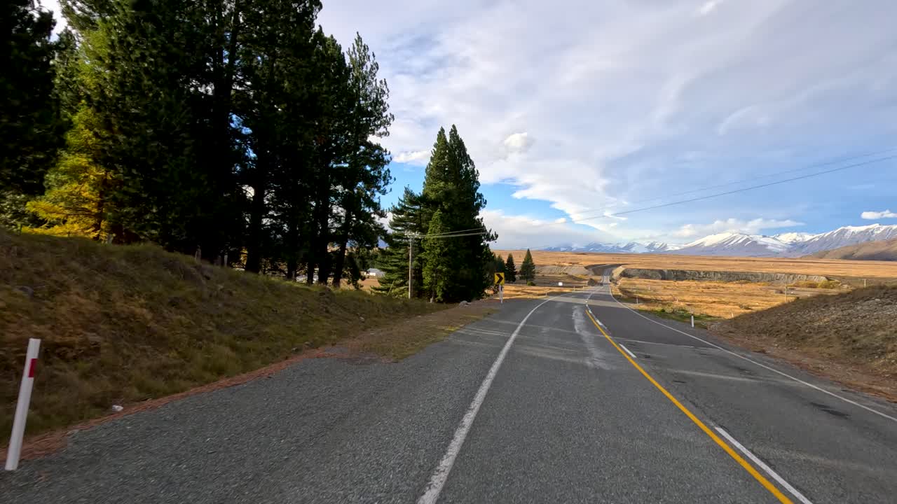 A vehicle travels a winding rural highway near Lake Tekapo, New Zealand, passing pine trees and open fields under dramatic autumn skies with soft daylight