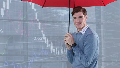 animation of multiple graphs and globe over caucasian man using umbrella to get protection from rain