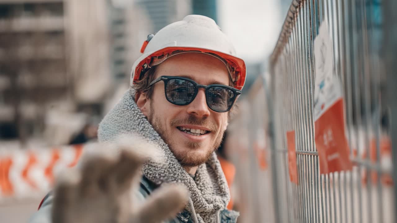 A Smiling Construction Worker in Safety Gear Waves at the Camera, Radiating Positivity and Confidence Amidst a Construction Site Background
