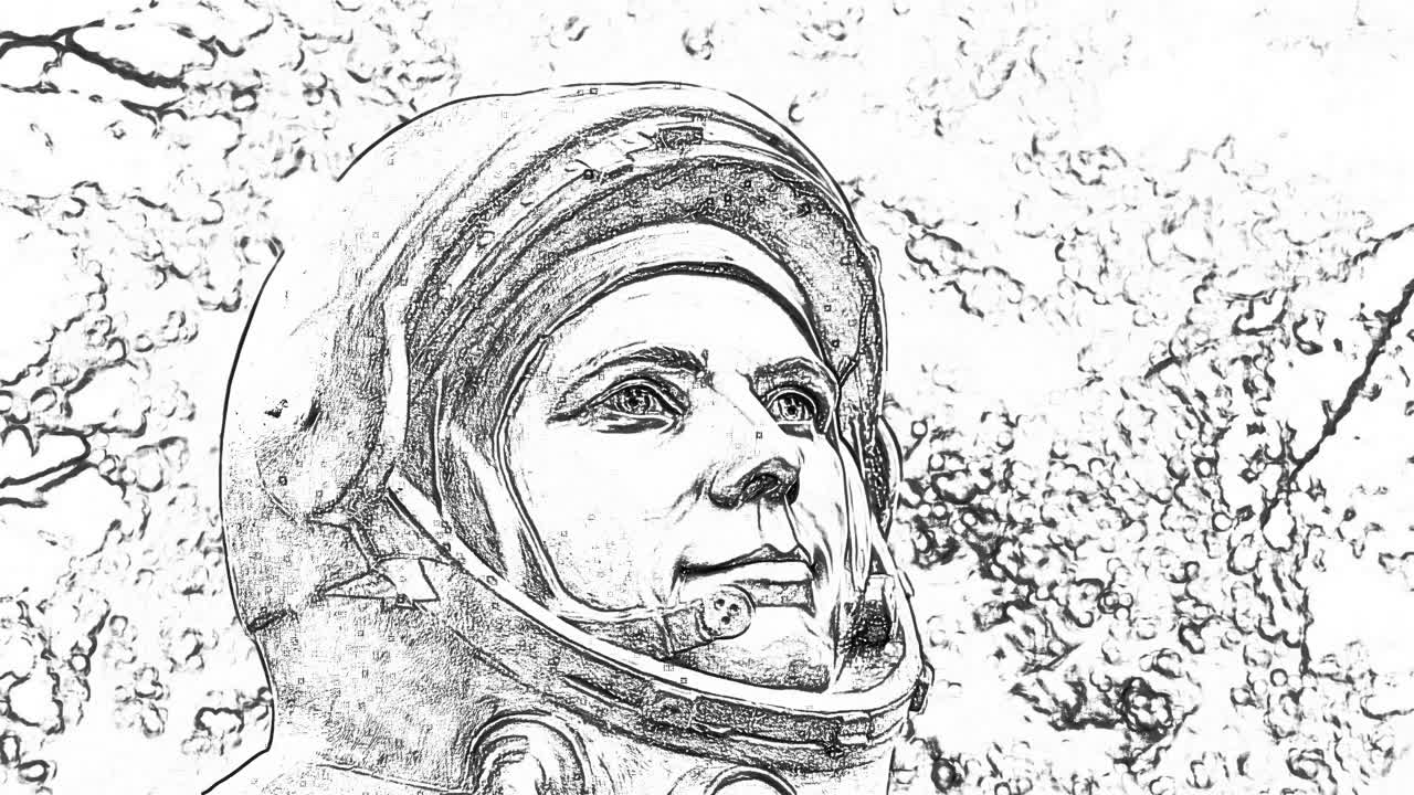 Parkta bir astronot heykeli, siyah beyaz doodle çizimi