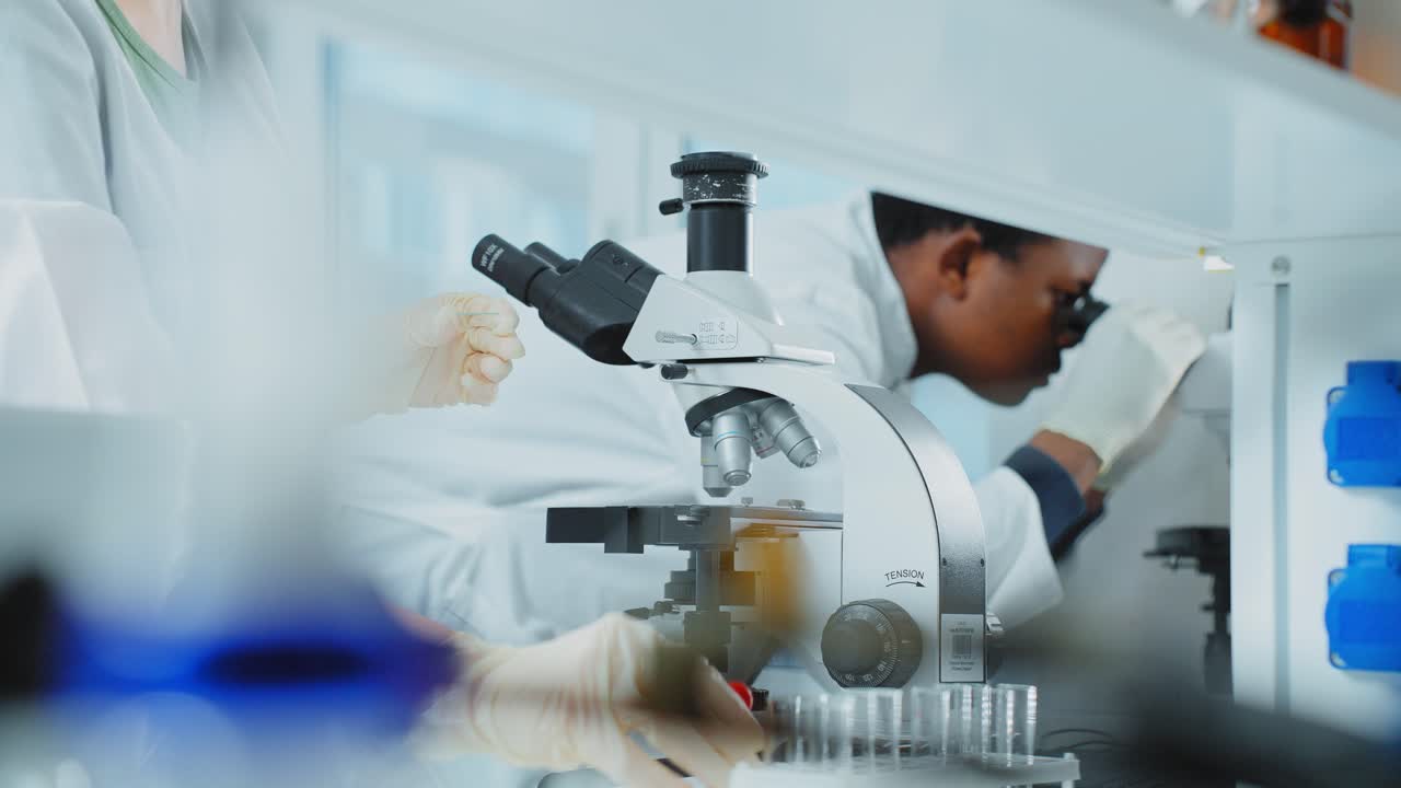 científicos que trabajan con el microscopio en un laboratorio