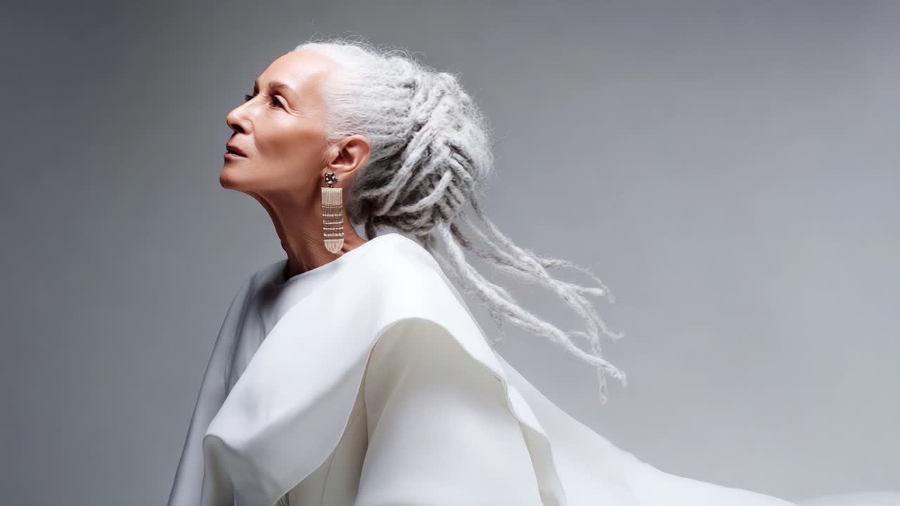 A Graceful Portrait of a Woman with Elegant Silver Hair Styled in Dreadlocks, Showcasing Contemporary Fashion with a Simple White Garment in a Minimalist Context