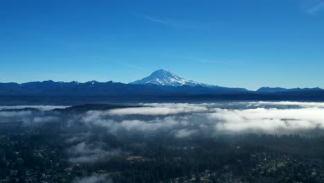 picturesque view of majestic mount rainier in washington state with low clouds above trees in foreground