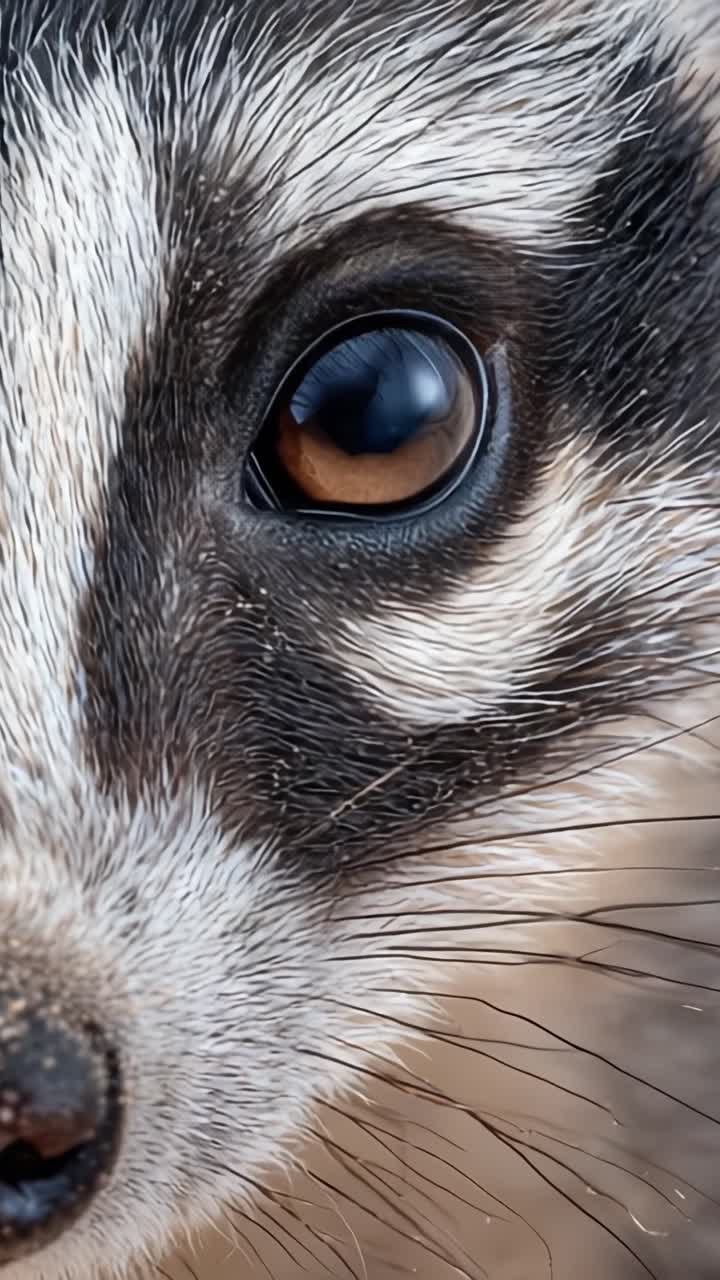 Un primo piano intimo dell'occhio di un procione, che cattura i dettagli intriganti del suo unico motivo di pelliccia e lo sguardo penetrante che attira lo spettatore.