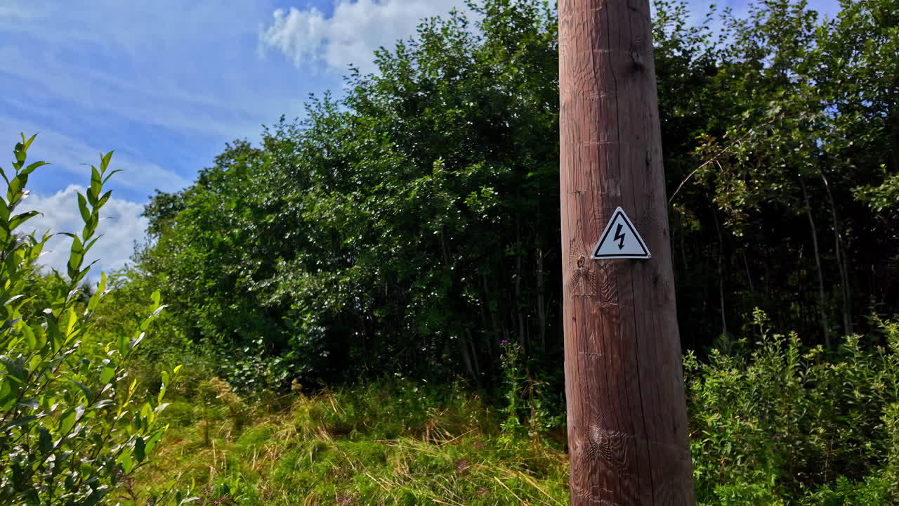 Immagine di un cartello Alta Tensione montato sulla corteccia di un albero in un campo durante il giorno