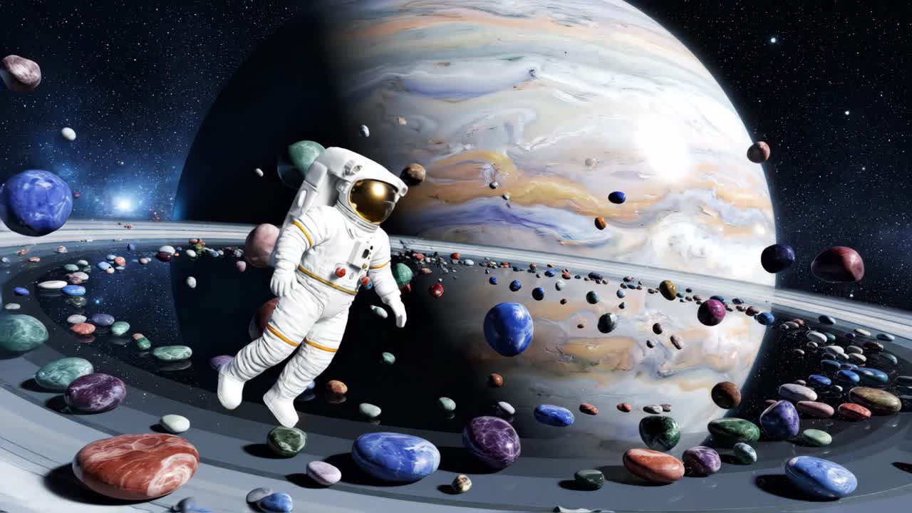 Astronaut floating among Jupiter's rings of stones