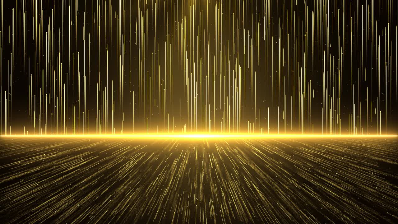 추상적이고 창의적인 황금빛, 줄무 모양의 루프, 반이는 질감의 입자가 아래로 떨어집니다.