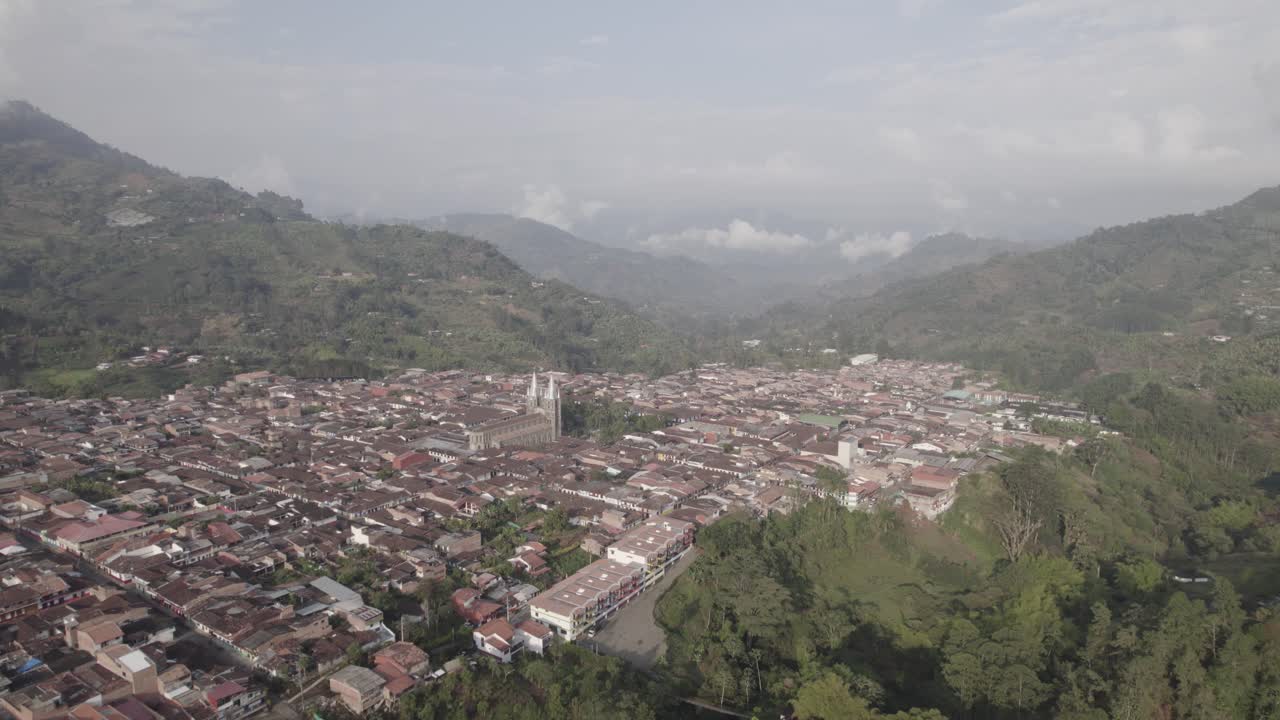 Drone View of Jardín, Colombia, Traditional Town Surrounded by Andean Mountains