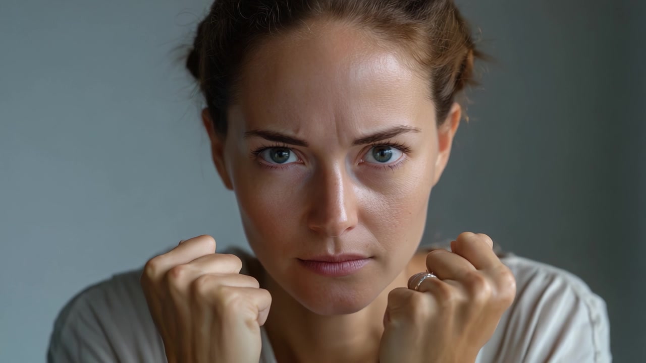 Intensa espressione emotiva: una donna che mostra determinazione e risolutezza con i pugni serrati e uno sguardo serio contro uno sfondo tenue.