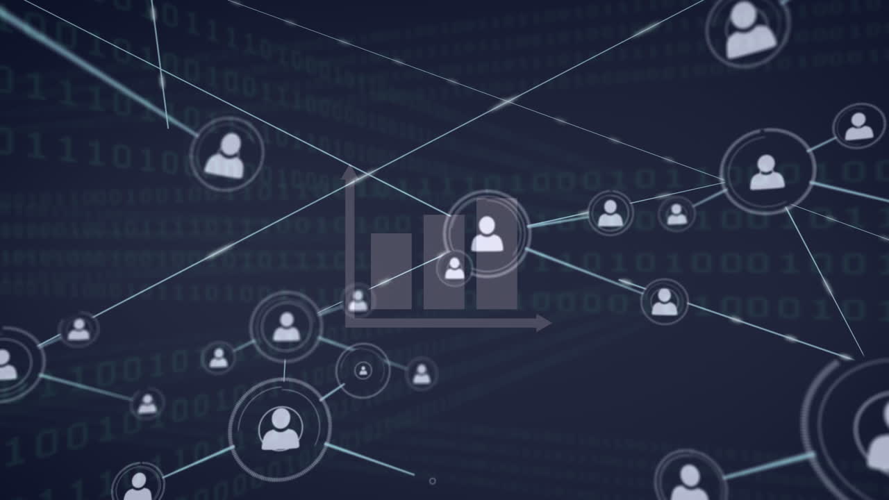Animation of network of connections and binary code over navy background