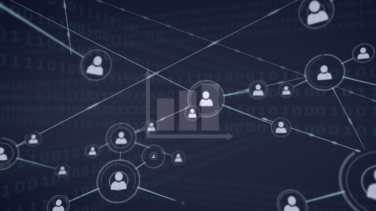 Animation of network of connections and binary code over navy background
