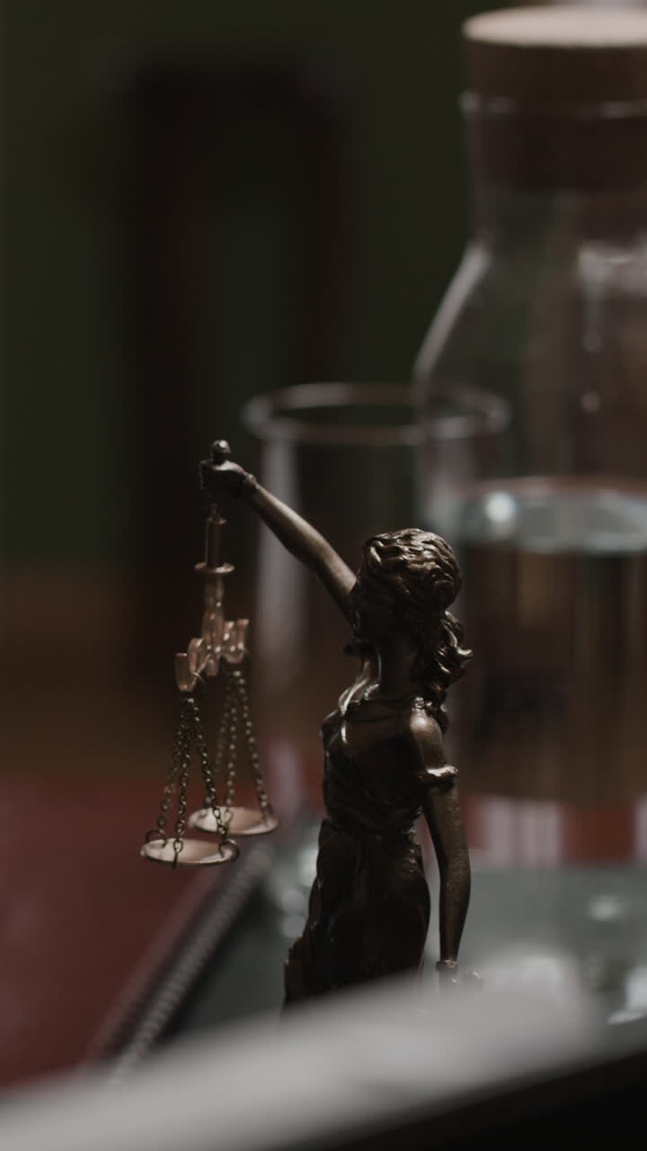 Justitia-statue på et skrivebord