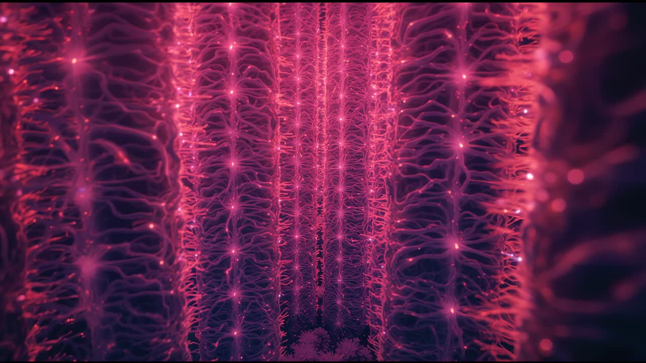 Pulsing branched filament strands and nodes in corridor from sequence start, creating rhythmic glow