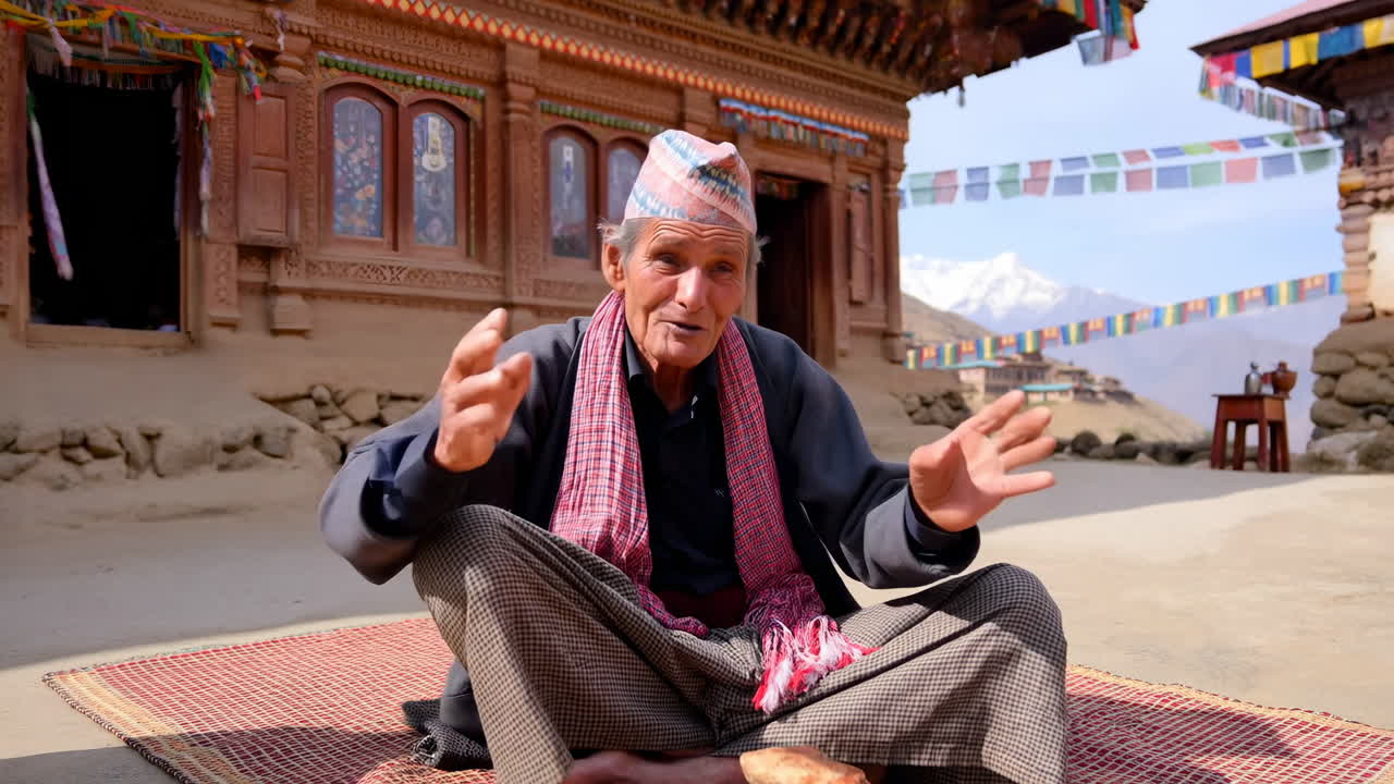 Uomo anziano che parla e gesticola in un tradizionale villaggio himalayano