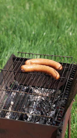 man puts sausages into a grill for frying. cooking hot dog sausages on fire. barbecue in nature. brazier on green grass background. vertical video