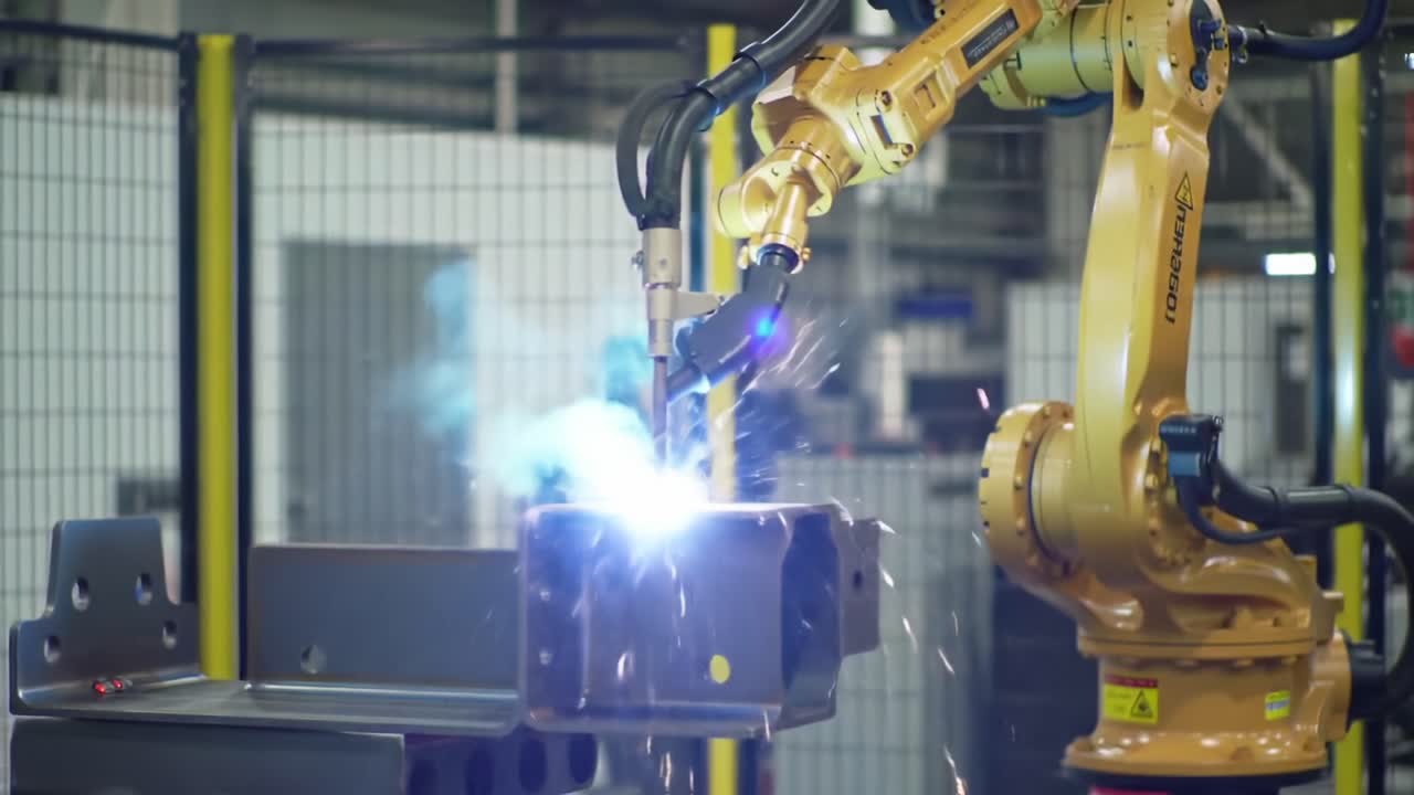 Automated Welding Robot in Action: High Precision Welding of Structural Steel Components in a Modern Industrial Environment