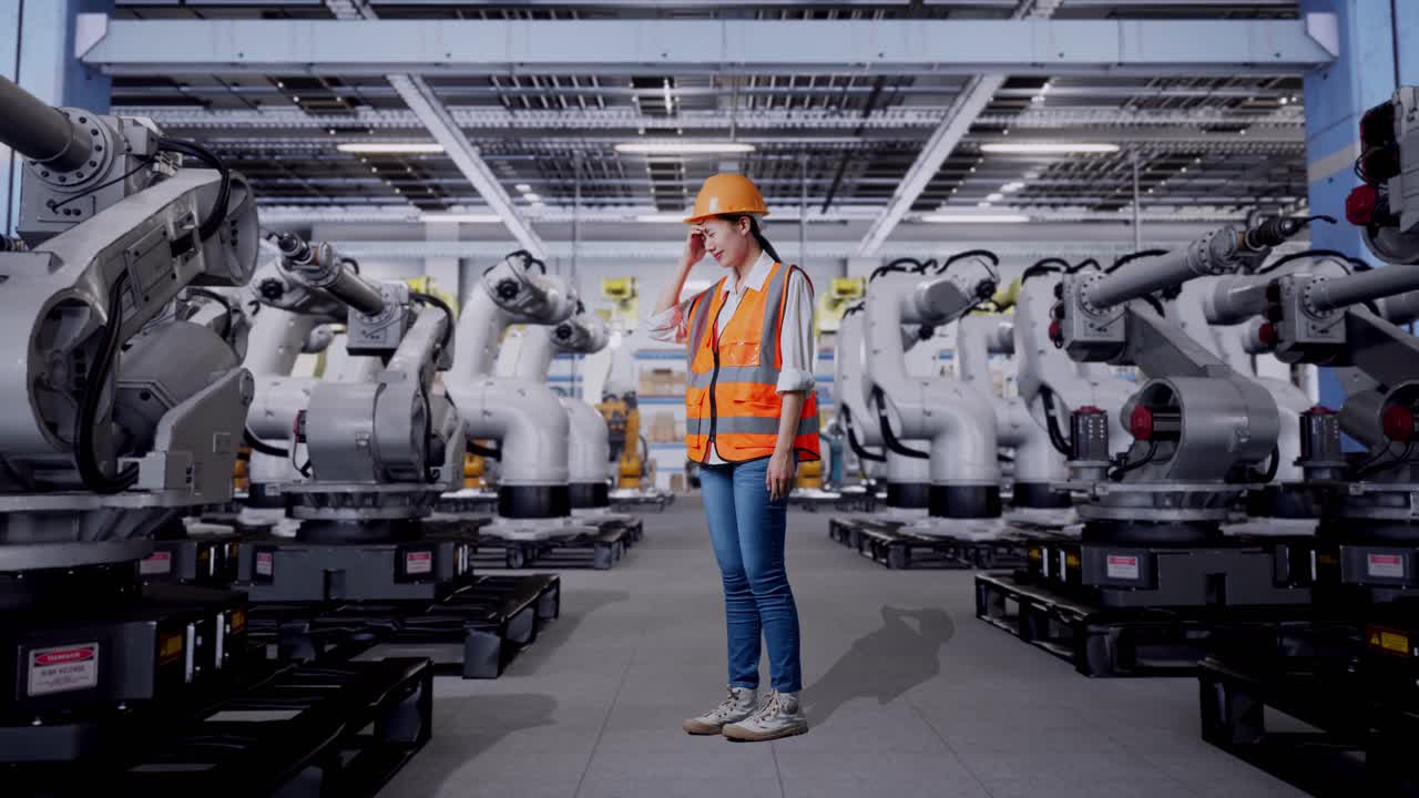 Woman Engineer Stressed by Industrial Robots