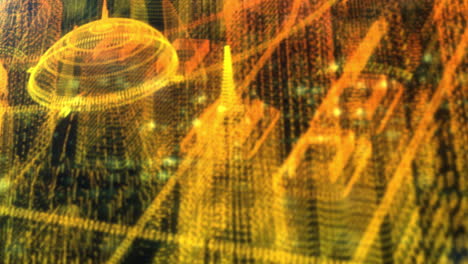 pantalla frontal de interfaz de uso gráfico futurista con elementos de movimiento de edificios de ciudad holográfica virtual para visualización de pantalla de fondo