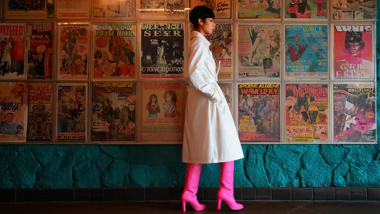 A stylish figure strides confidently against a vibrant collage of retro magazine covers, showcasing a blend of fashion and nostalgia, captured in captivating cinematic frames