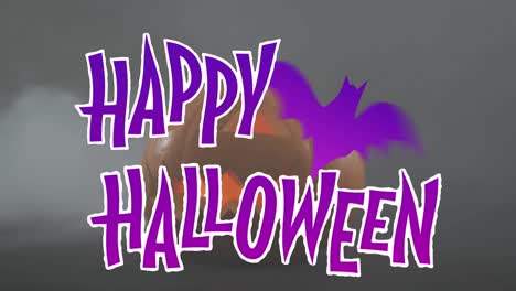 Animation-Eines-Fröhlichen-Halloween-Textes-Mit-Fledermaus-über-Orangefarbenem-Geschnitztem-Kürbis