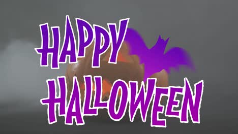 Animación-De-Texto-De-Feliz-Halloween-Con-Murciélago-Sobre-Calabaza-Tallada-En-Naranja