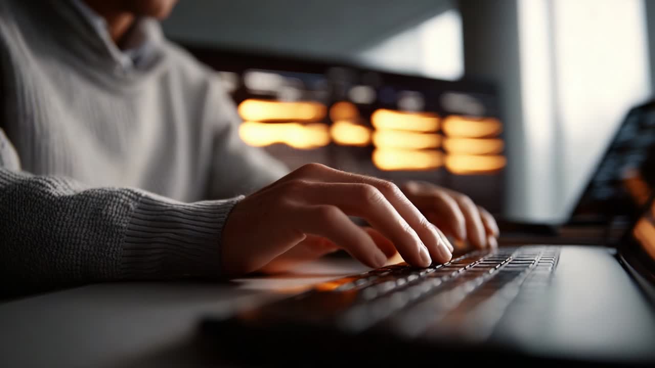 Close-Up View of a User Typing on a Laptop Keyboard with a Focus on the Hands, Capturing the Intensity and Engagement of Digital Interaction in a Modern Workspace Environment