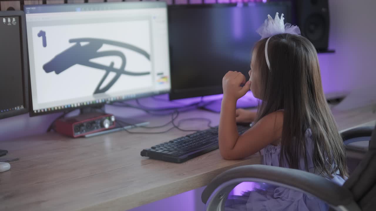 아름다운 드레스를 입은 작은 소녀가 개인 컴퓨터에서 그림을 그리고 있습니다.