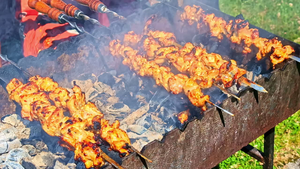 Barbecue di mezzogiorno sotto il sole caldo, shish kebab, prospettiva cinematografica di cucina da giardino - Lettonia.