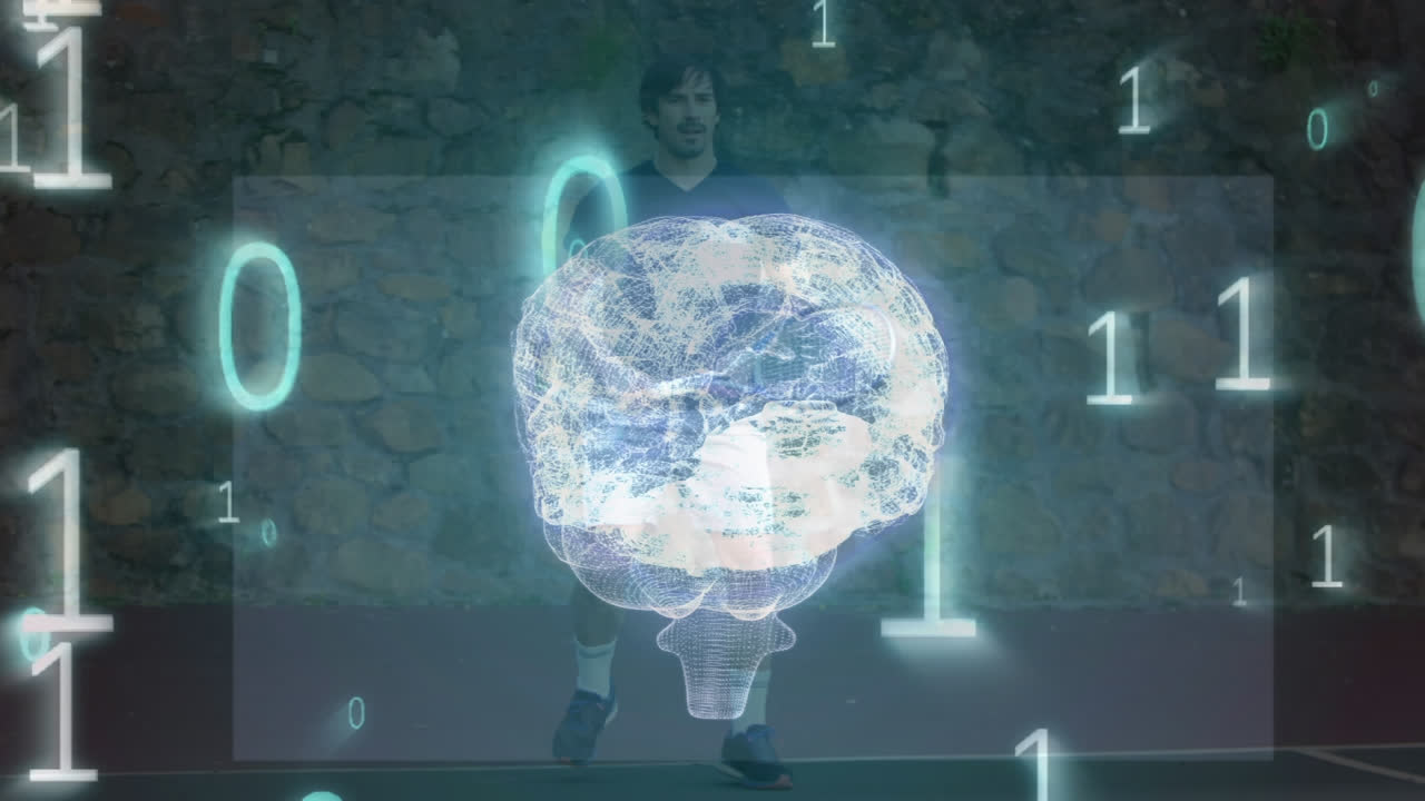 animación del cerebro humano girando y codificación binaria sobre jugador de tenis masculino