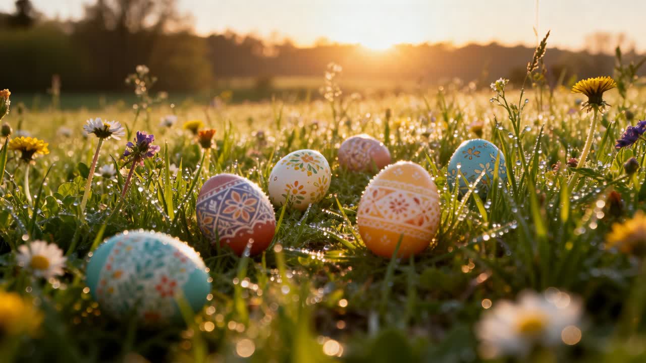 Pulling low-angle camera tilting up in dewy meadow as sun rises, revealing decorated eggs amid dew