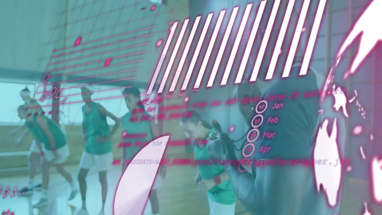 Male coach raising device and whistle initiating training while pink charts sweeping obscuring team