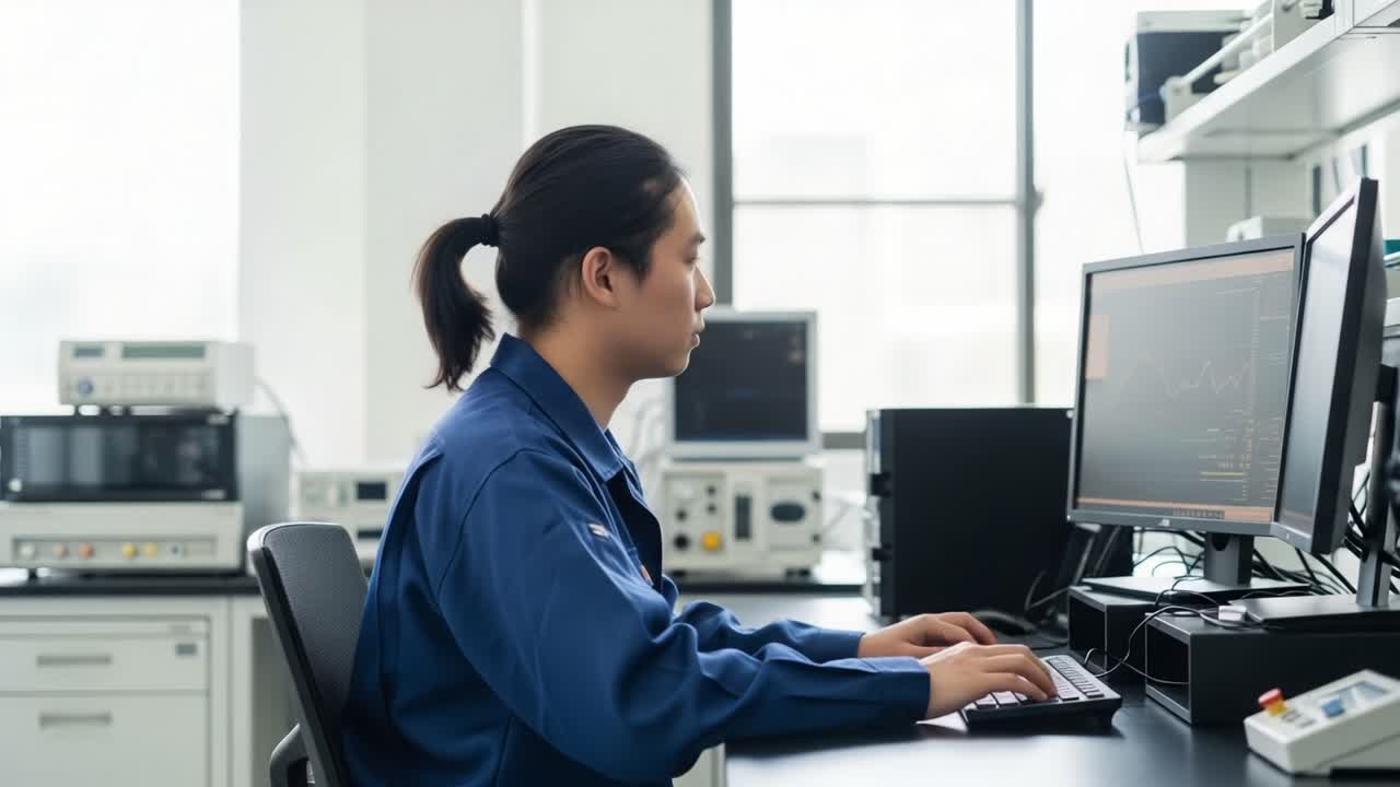 Focused Researcher Working Diligently at Computer in Laboratory Setting, Analyzing Data and Engaging with Advanced Technology for Scientific Discoveries