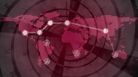 Animación-De-Redes-De-Conexiones-Y-Mapa-Mundial-Sobre-El-Reloj-Moviéndose-Rápidamente