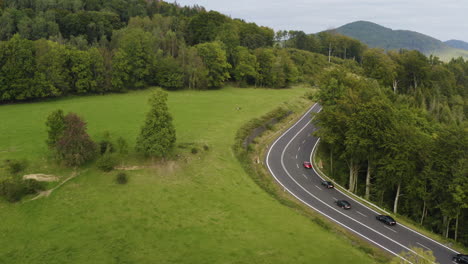 fleet of sports cars driving on highway in mountains of czechia, drone