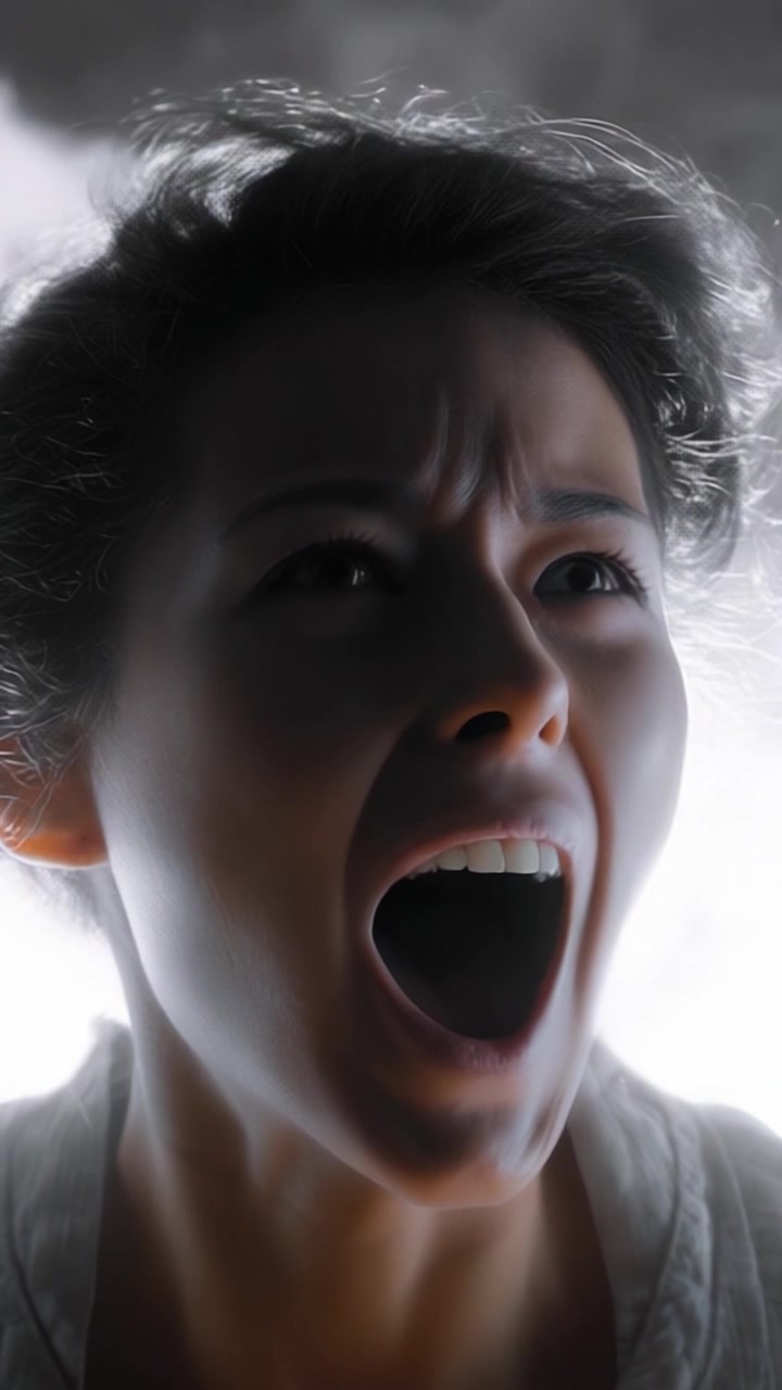A dramatic portrayal of intense emotion, capturing a woman's face in anguish as she screams, illuminated by a stark background, conveying raw human expression.