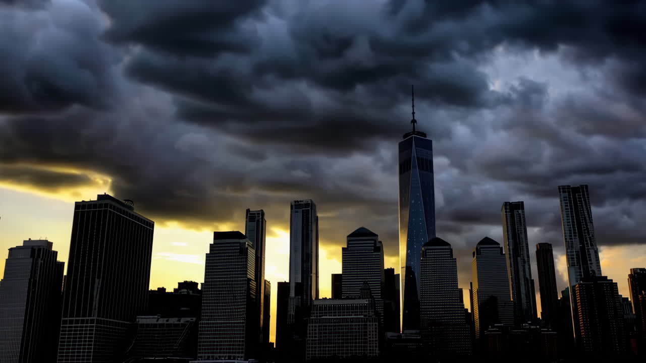 Dramatic New York City Skyline Silhouette at Sunset