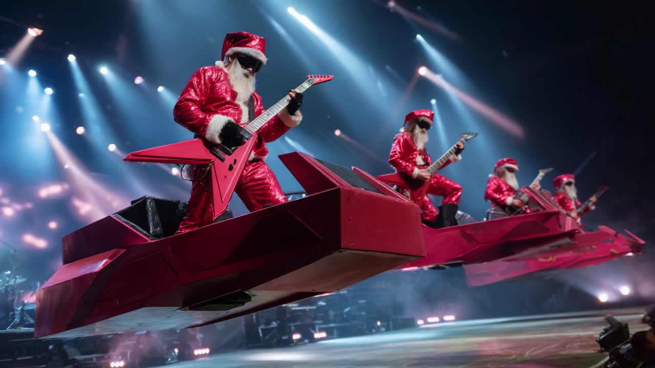 Spectacular performance featuring a vibrant rock band dressed as festive Santas, soaring on hoverboards while playing electrifying guitar music, captivating the audience with a unique blend of whimsical holiday spirit and rock energy