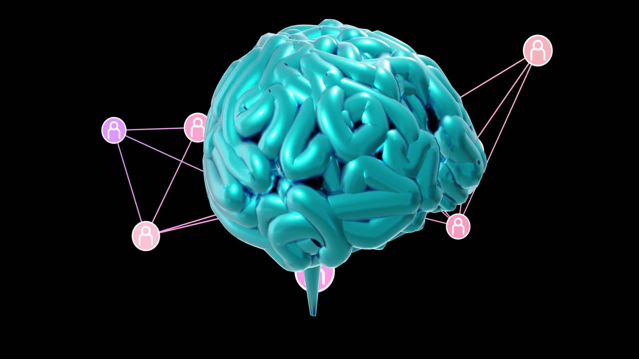 움직이는 네트워크 연결과 데이터 처리를 가진 뇌 모델을 애니메이션화합니다.