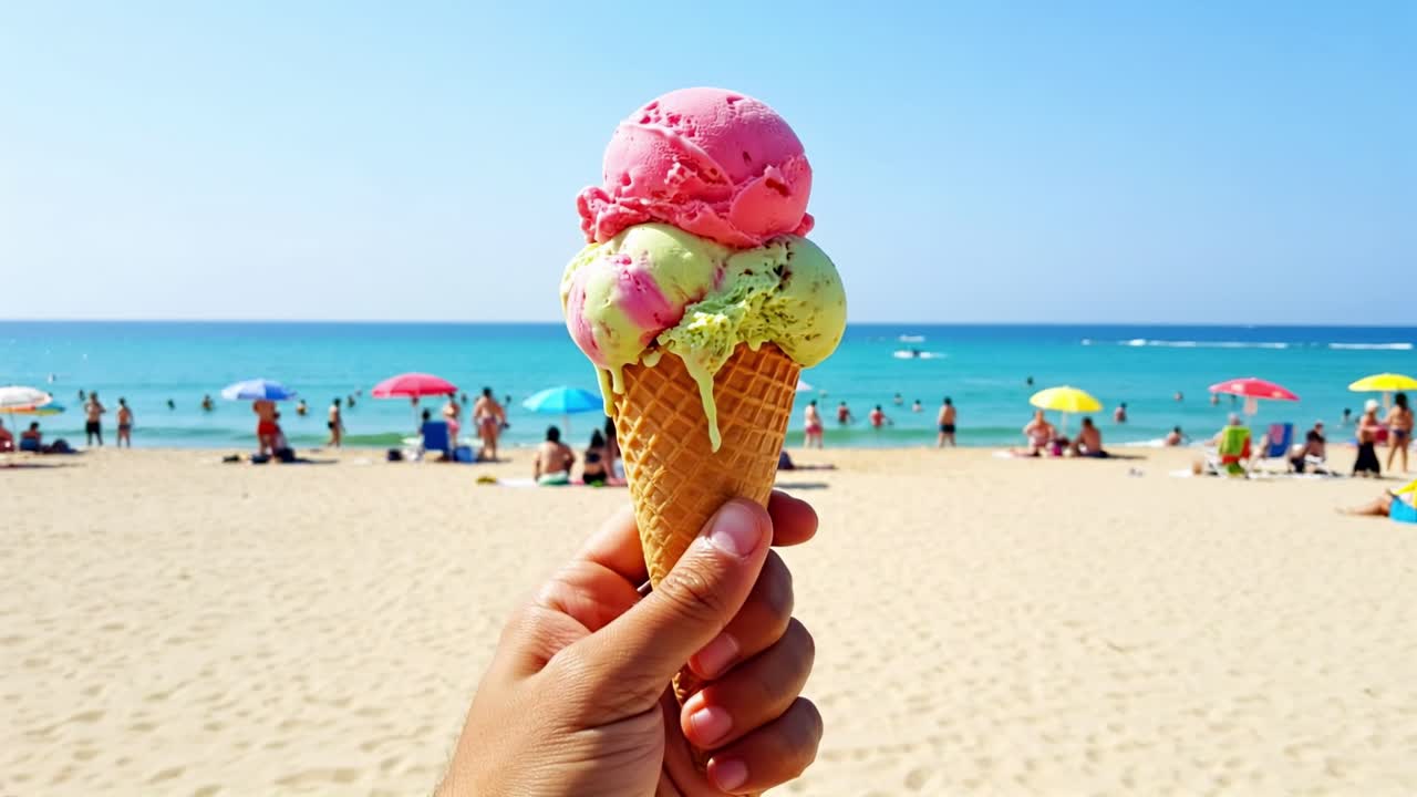 On a sunny summer beach day, I savor a vibrant ice cream cone as I watch people unwind by the ocean, sheltered under bright umbrellas