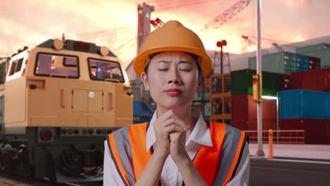 close up of asian female engineer with safety helmet pray for something with freight cargo train at port